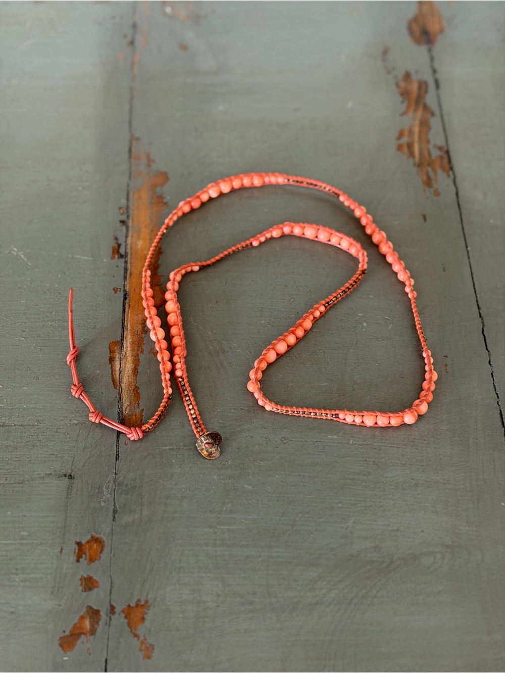 CHAN LUU Coral Pyrite Beaded 5 Wrap Bracelet with Heart Button - Picture 5 of 6